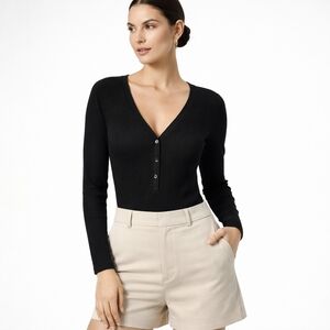 Express Black Ribbed Bodysuit Women M V-Neck Button Long Sleeve Stretch Fitted